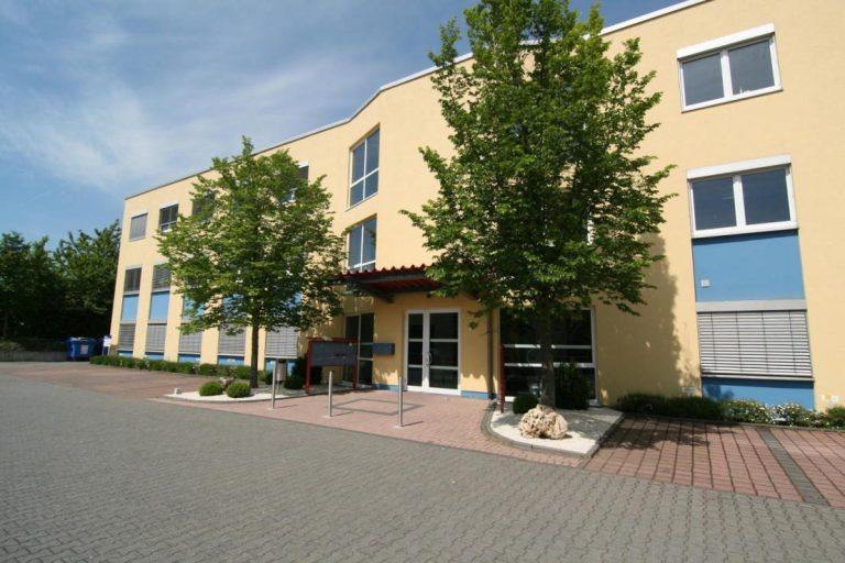 Gelbes Gebäude mit großen Fenstern, umgeben von Bäumen und einem gepflasterten Gehweg.